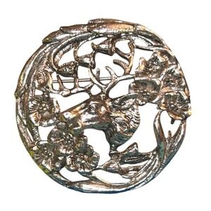 Vintage Coro Silver Tone Deer Stag Floral Round Openwork Brooch Pin Signed